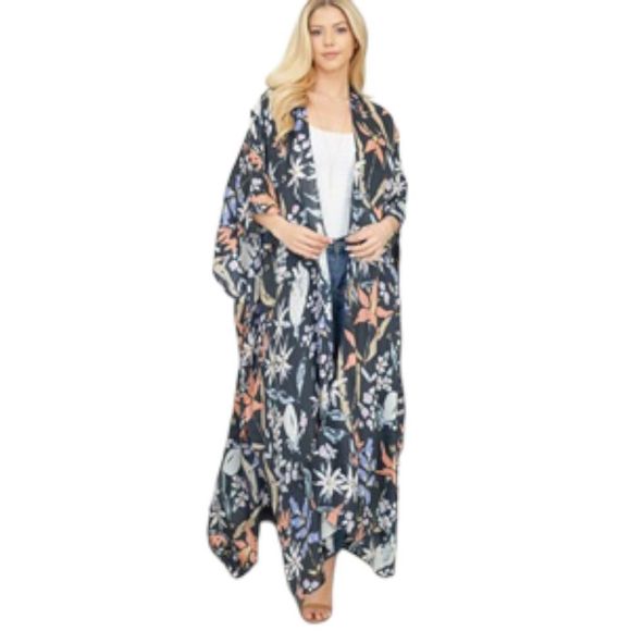 Long Floral Print Boho Open Front Kimono. One Size - Picture 7 of 7